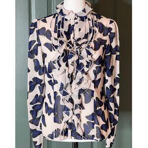 Butterfly Print Ruffle Blouse Romantic Sheer‎ Long Sleeve Top